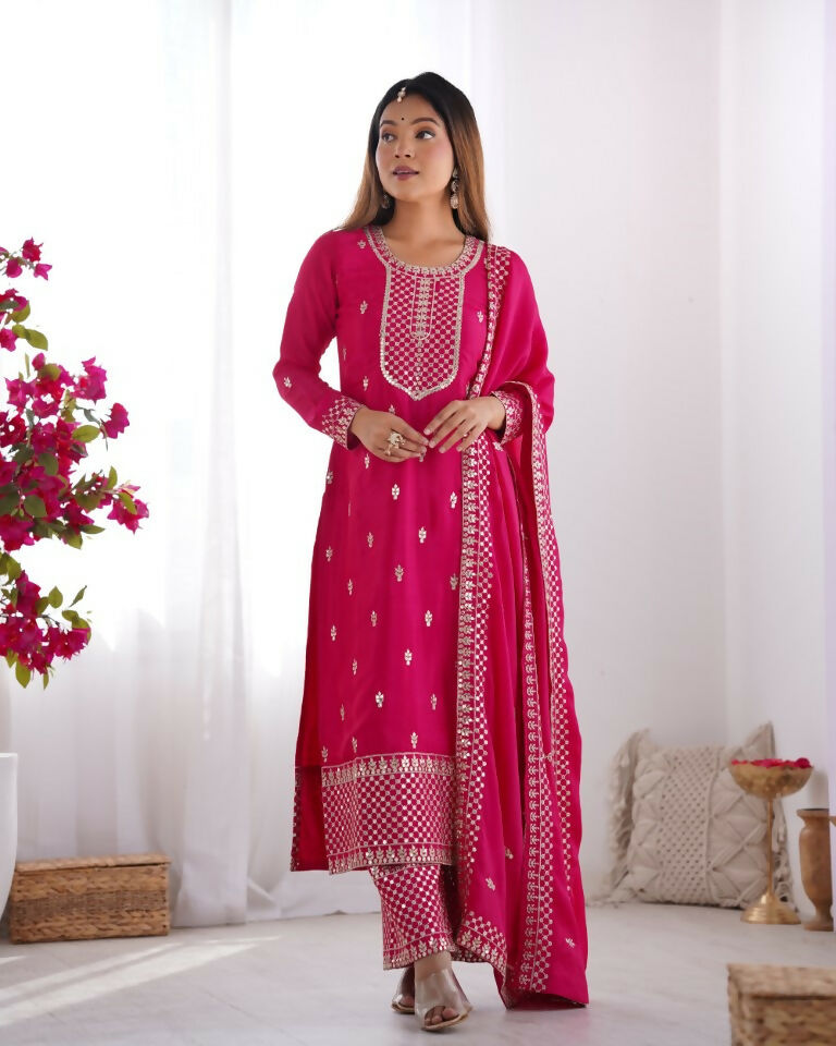 Teeya Creation Pink Color Pure Chinnon Silk Embroidery Work Functional Wear Salwar Suit