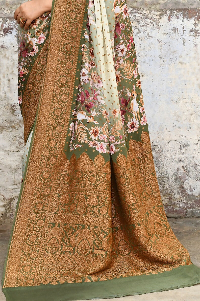 Joban Fashion Olive Green And Ivory Pure Crepe Pure Handloom Banarasi Silk Saree
