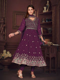 Jyoti Fashion Women's Purple Georgette Embroidered Anarkali Kurta Pant Set With Dupatta