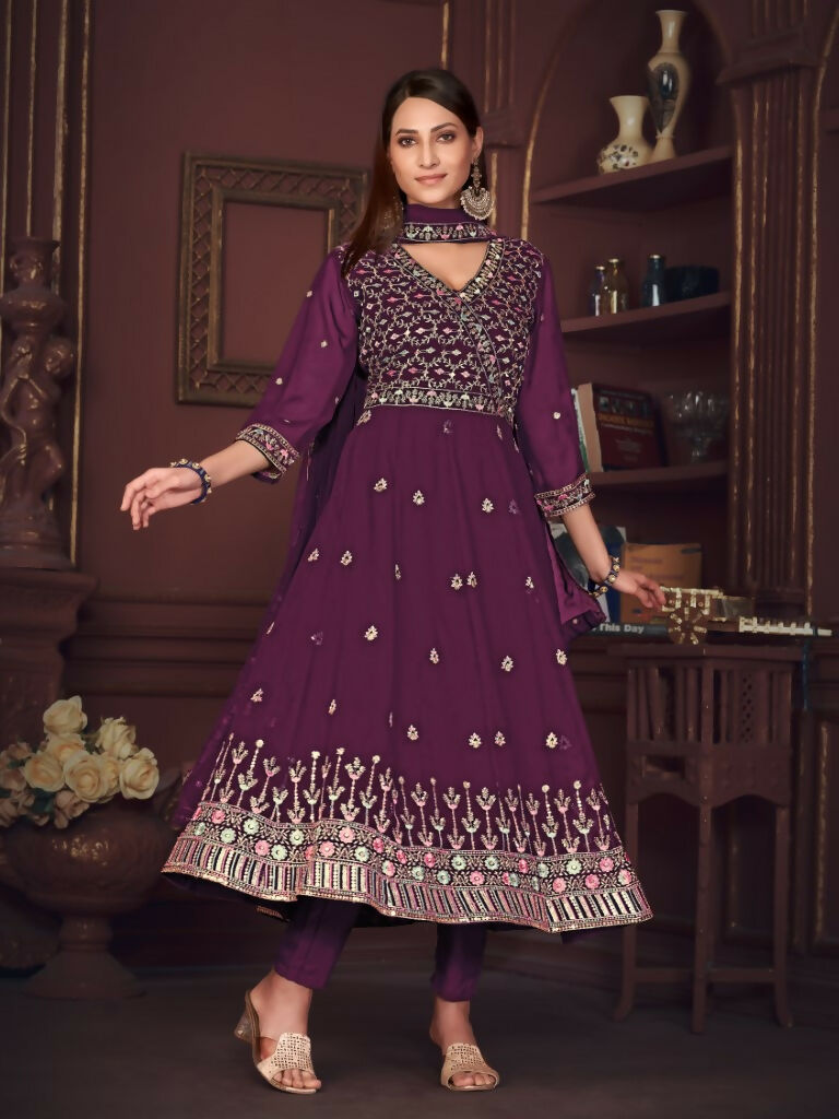 Jyoti Fashion Women's Purple Georgette Embroidered Anarkali Kurta Pant Set With Dupatta