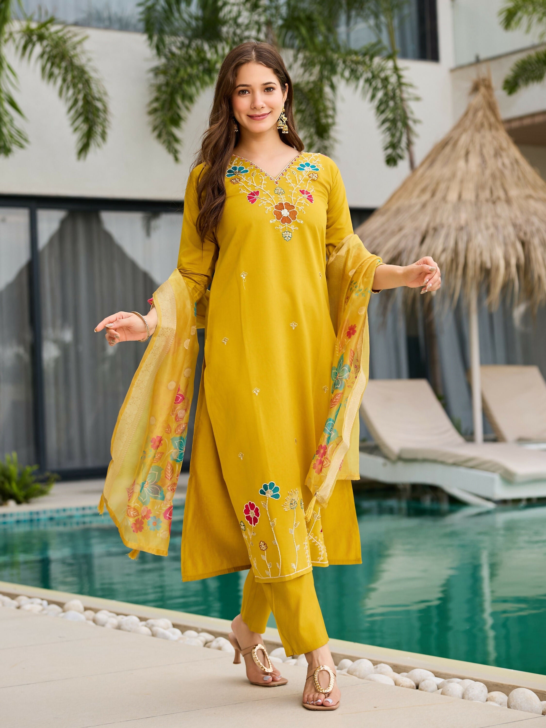 The52 Yellow Women's Gorgeous Embroidered work Viscose Gadhwal Fabric Straight Kurta, Pant and Dupatta Set