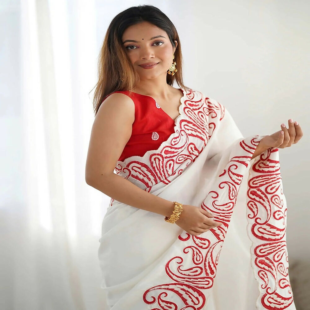 Joban Fashion Silk Blend Off White & Red Saree