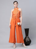 Ahalyaa Womens Orange Crepe Gold Stripped Print Jumpsuit