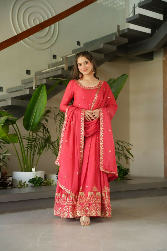 Vastranavya Gajri Chinnon with Embroidery Zari Sequins Work Gown