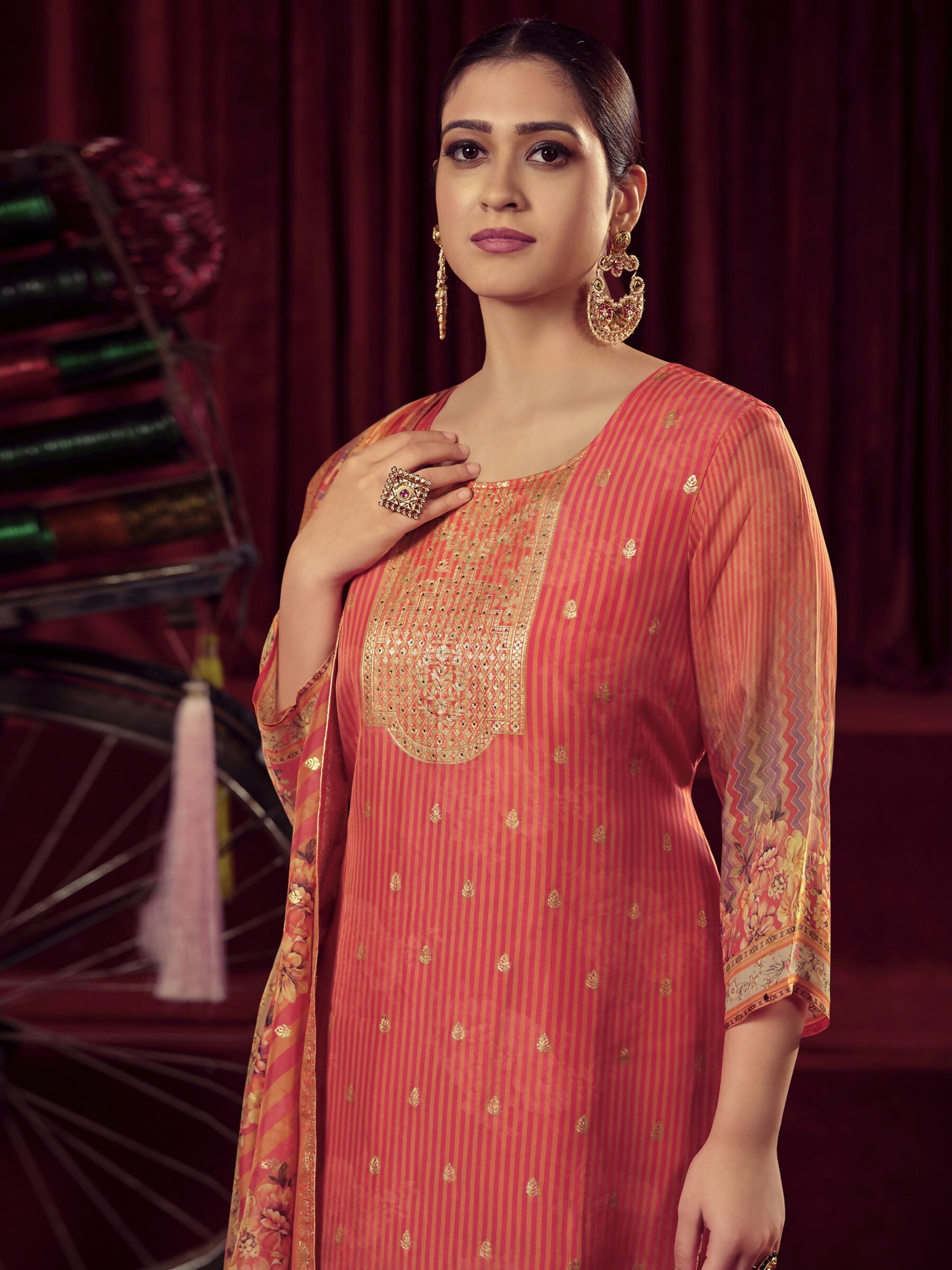 Jyoti Fashion Women's Orange Organza Jacquard Woven Kurta with Trouser & Dupatta