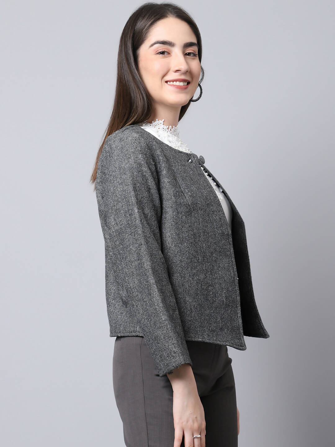 Even Apparels Black Pure Wool Open Front Statement Women's Jacket