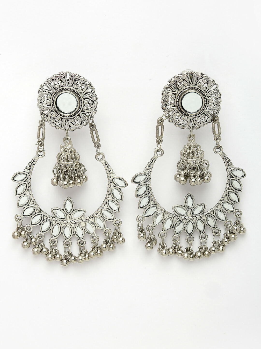 NVR Women's Silver-Plated Mirror Work Oxidised Chandbali Earrings