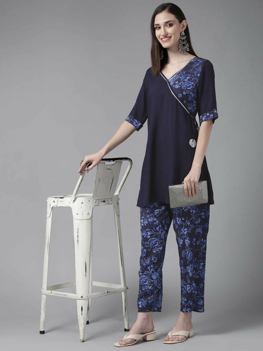 Ahalyaa Women Navy Blue Rayon Wax Printed Angrakha Gotta Patti Tunic With Trousers