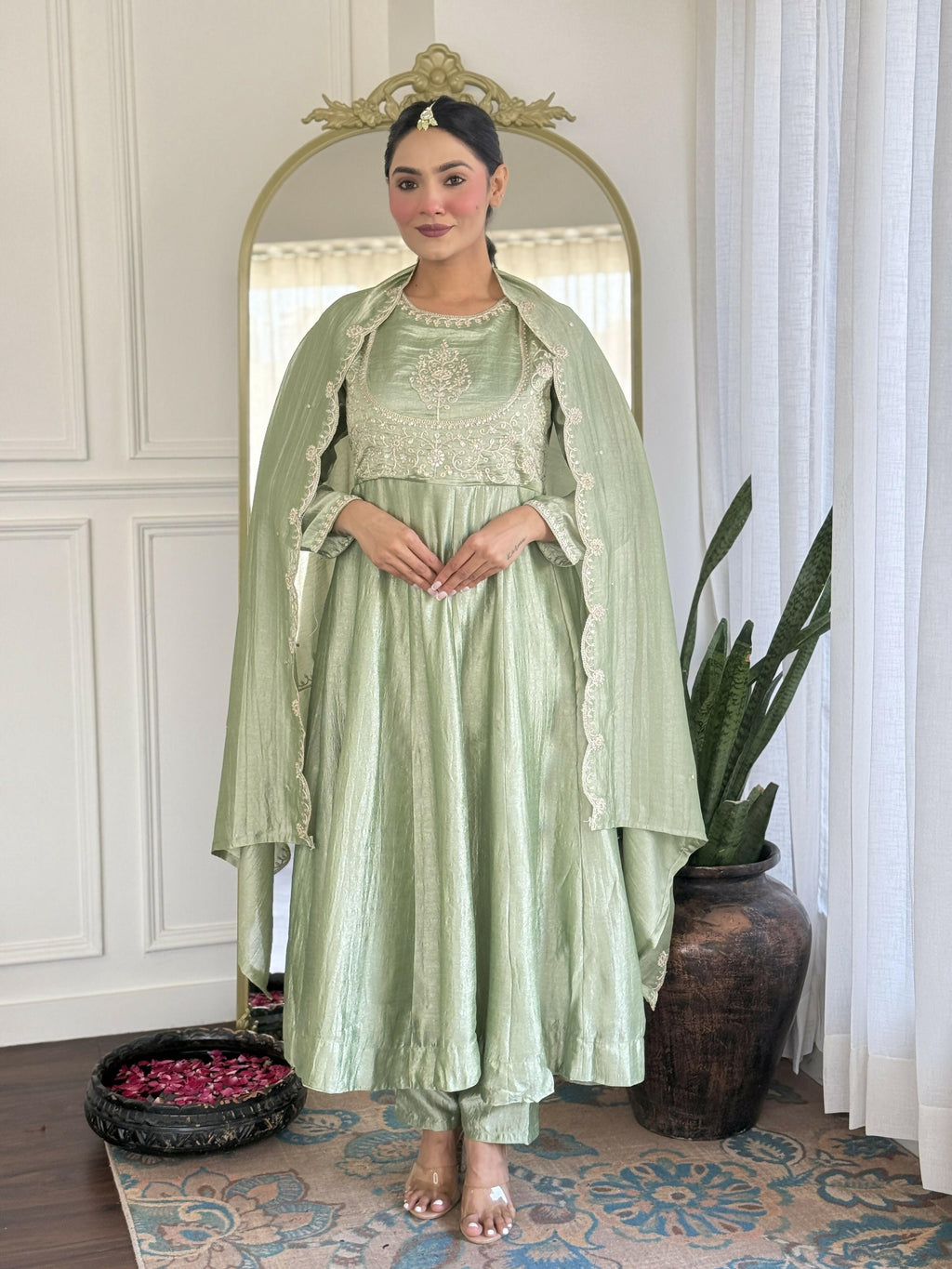 The52 Pista Women's Gorgeous Embroidered Vichitra Silk Fabric Flared Kurta Pant with Dupatta Set