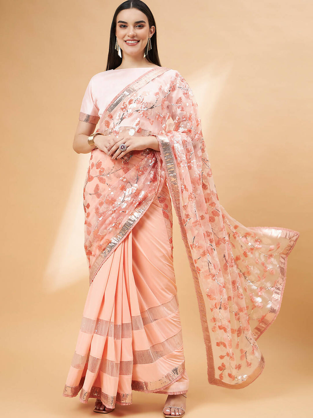 Peach Lycra Sequin Embroidery And Frills Saree - Norita Hit Design