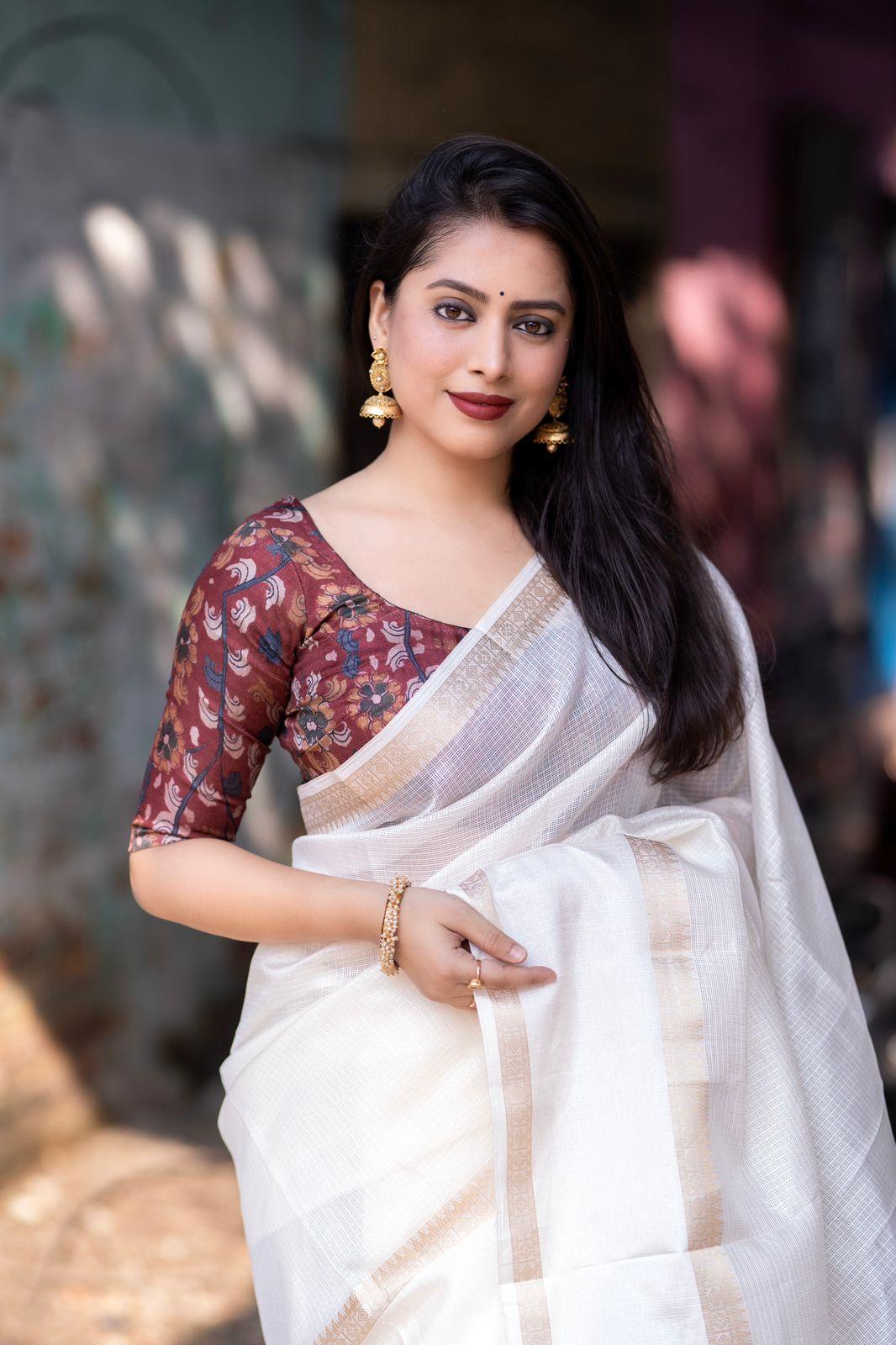 White Silk Blend Kalamkari Saree with Unstitched Blouse - Hiral Fashion