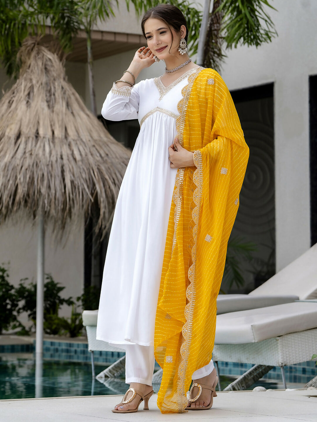 The52 White Women's Gorgeous Embroidered Chanderi Fabric Straight Kurta, Pant and Dupatta Set