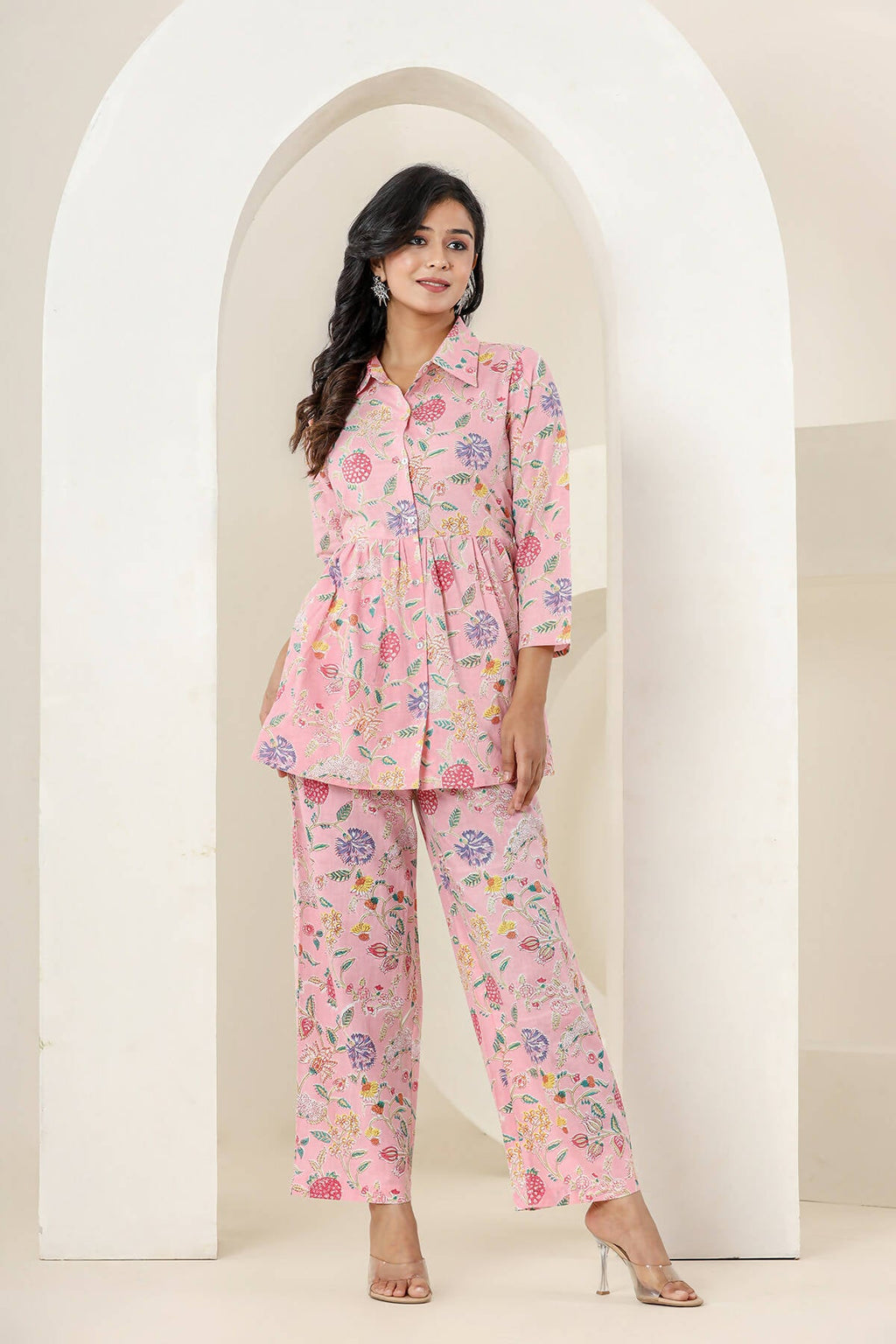 Kaajh Women's Baby Pink Printed Cotton Co-ord Set