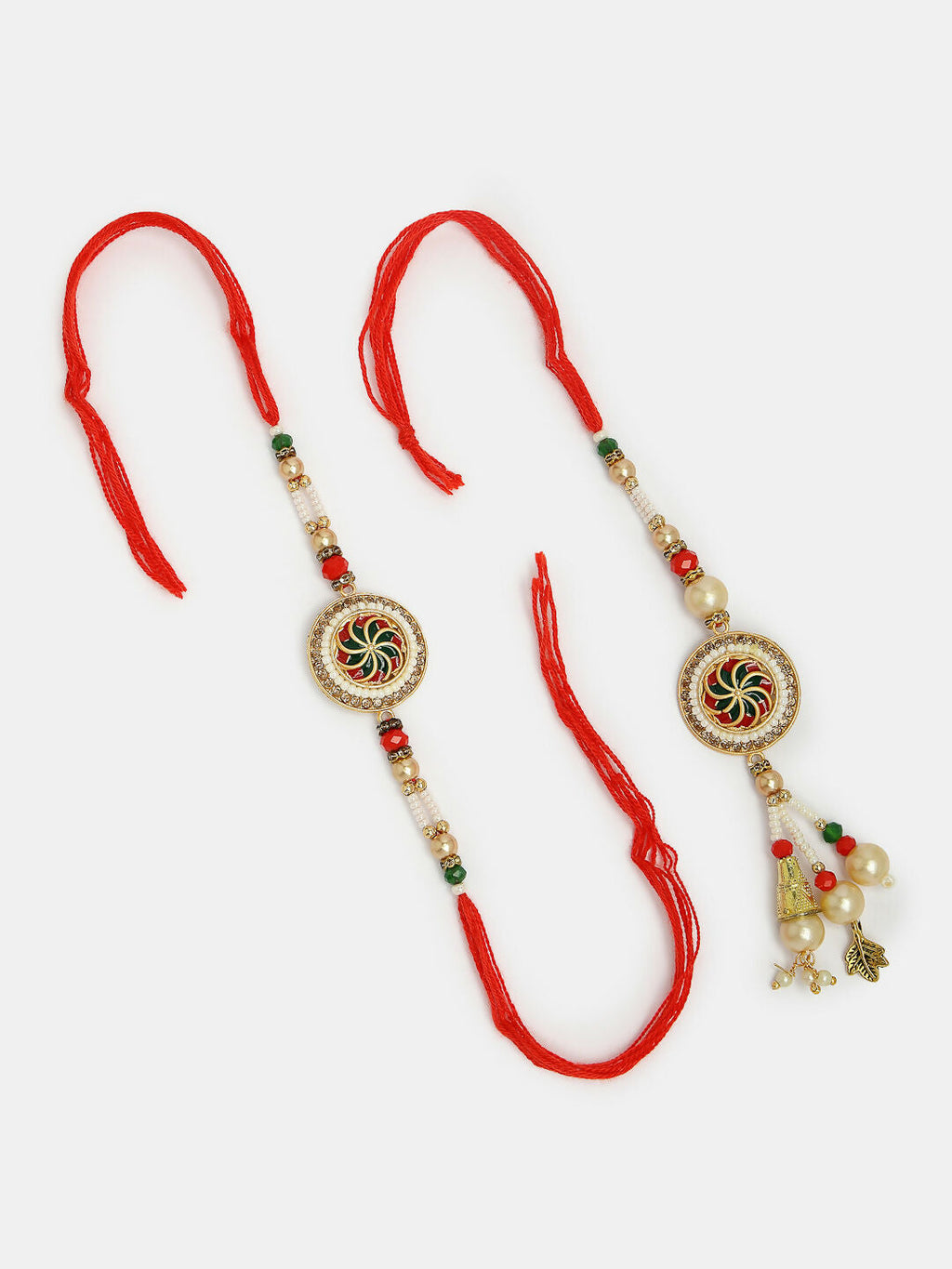 NVR Women & Men Set of 2 Gold-Toned Stone-Studded & Beaded Bhaiya Bhabi Rakhi With Roli Chawal & Chocolate