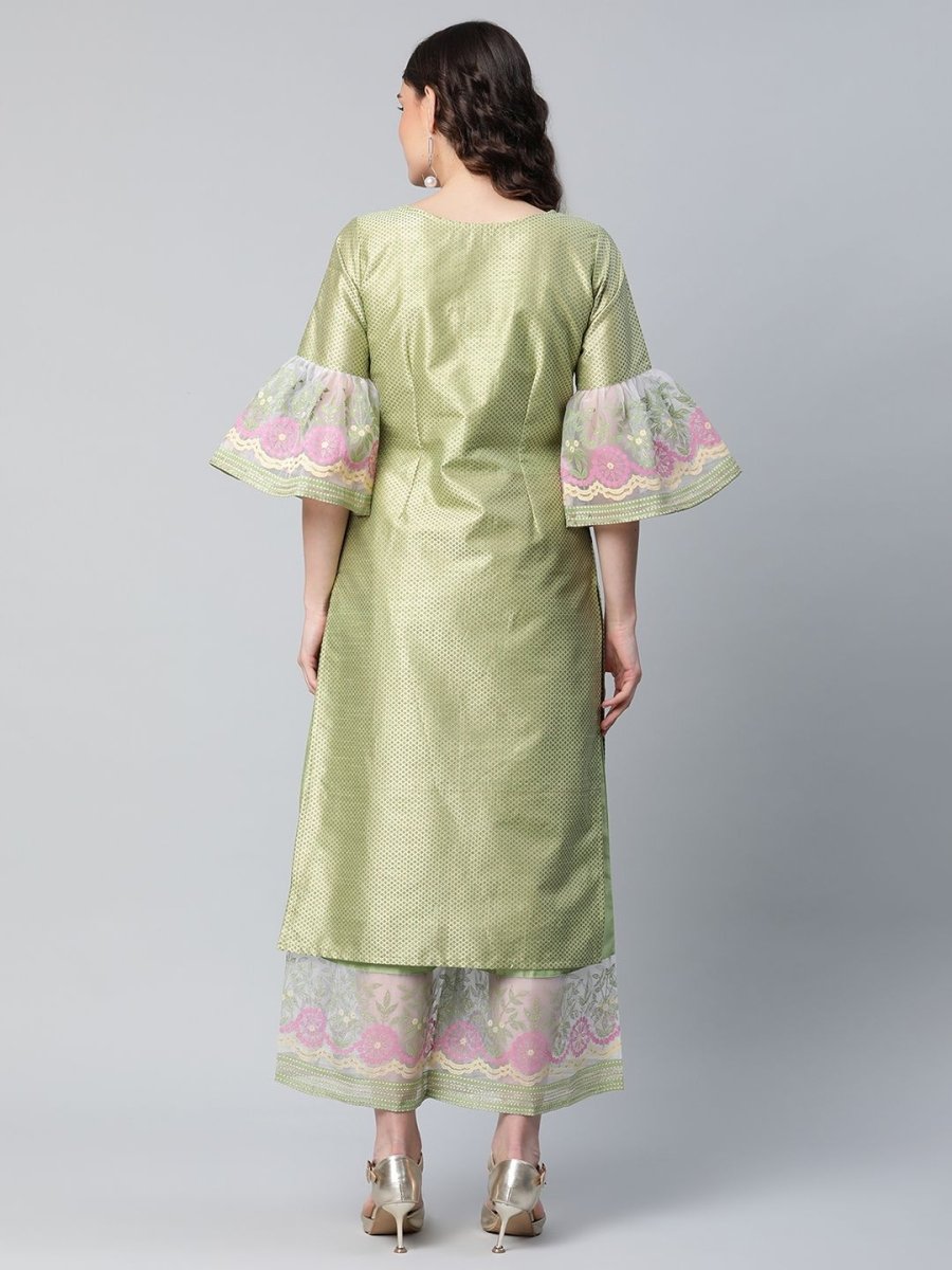Ahalyaa Women's Light Green Poly Silk Gold Printed Kurta Palazzo Set