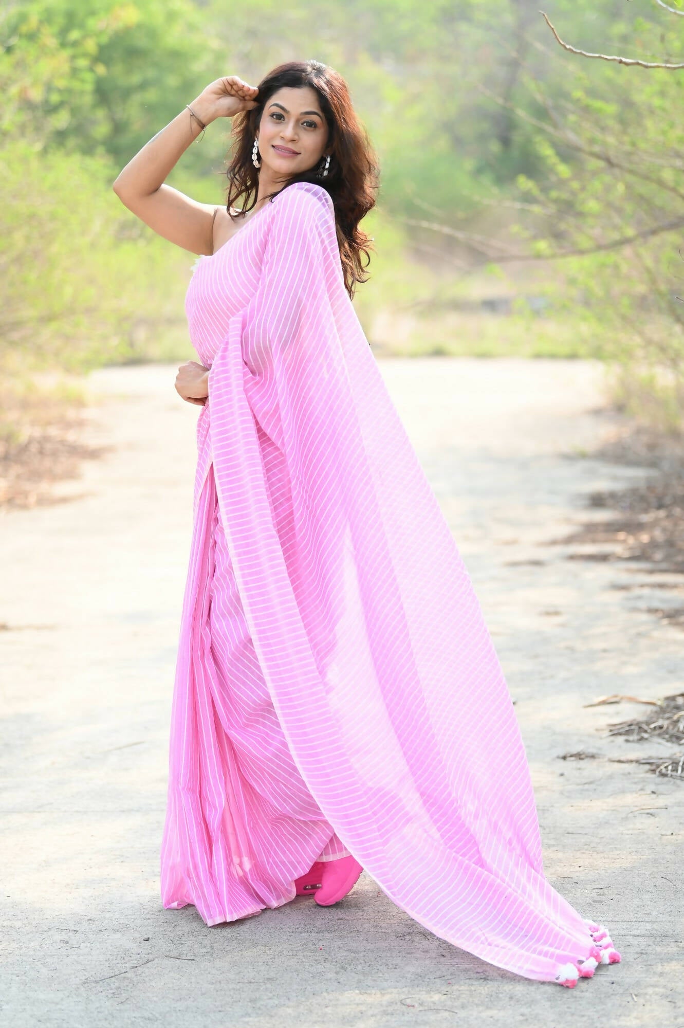 Very Much Indian Designer Pure Cotton Saree With All Over Linear Stripes - Light Pink