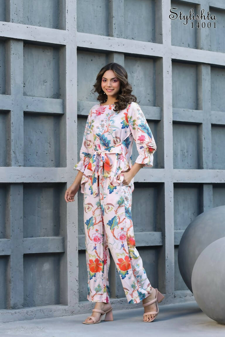 Women's Partywear Designer White & Multi Muslin co-ord set - Stylishta