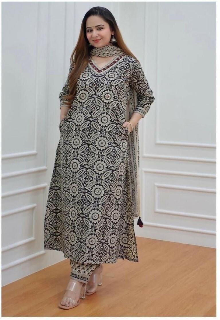 Alvano Anarkali Printed Kurti with Pant and Dupatta set for Women and Girls Rayon