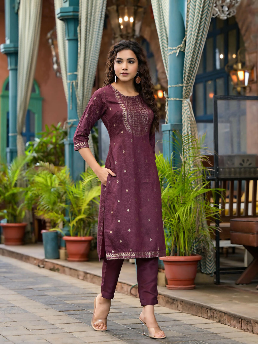 Juniper Women's Wine Ethnic Motif Printed Muslin Kurta Set With Zari Work & Gota Patti