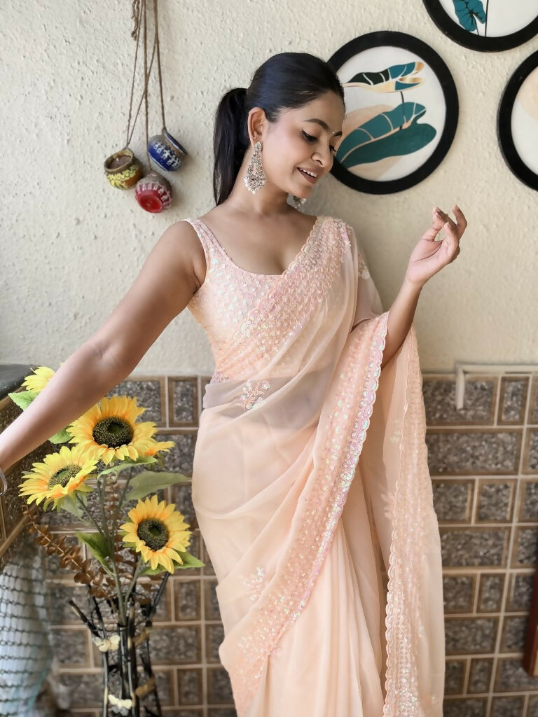 Peach Georgette Sequence Embroidery Cut Work Saree - Saadia