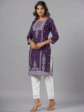 Juniper Women Purple Rayon Printed Knee Length Straight Kurta