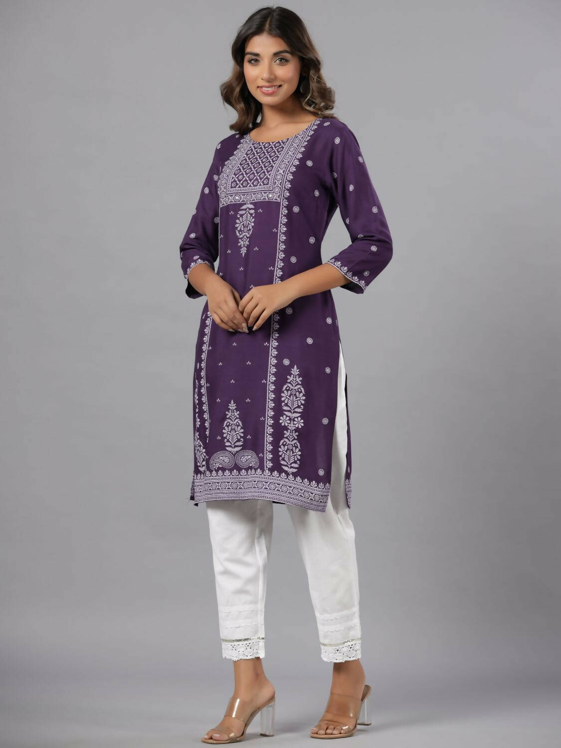 Juniper Women Purple Rayon Printed Knee Length Straight Kurta