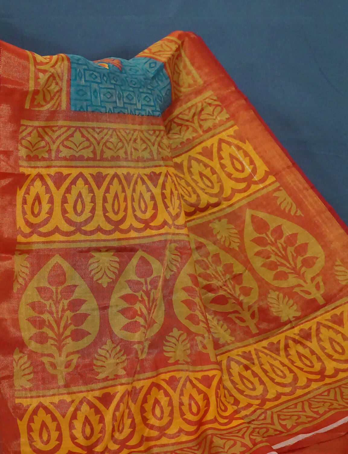 Sea Blue And Orange Cotton Brasson Saree For Office/Regular Wear By Gayathri Reddy Designer Studio