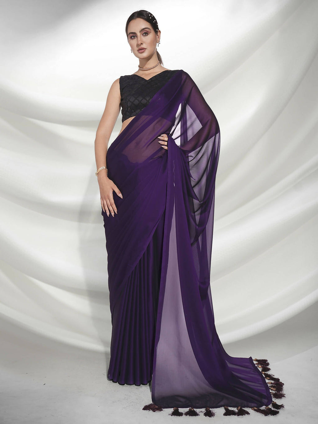 Purple Organza Solid Saree With Unstitched Blouse Piece - Shanaya