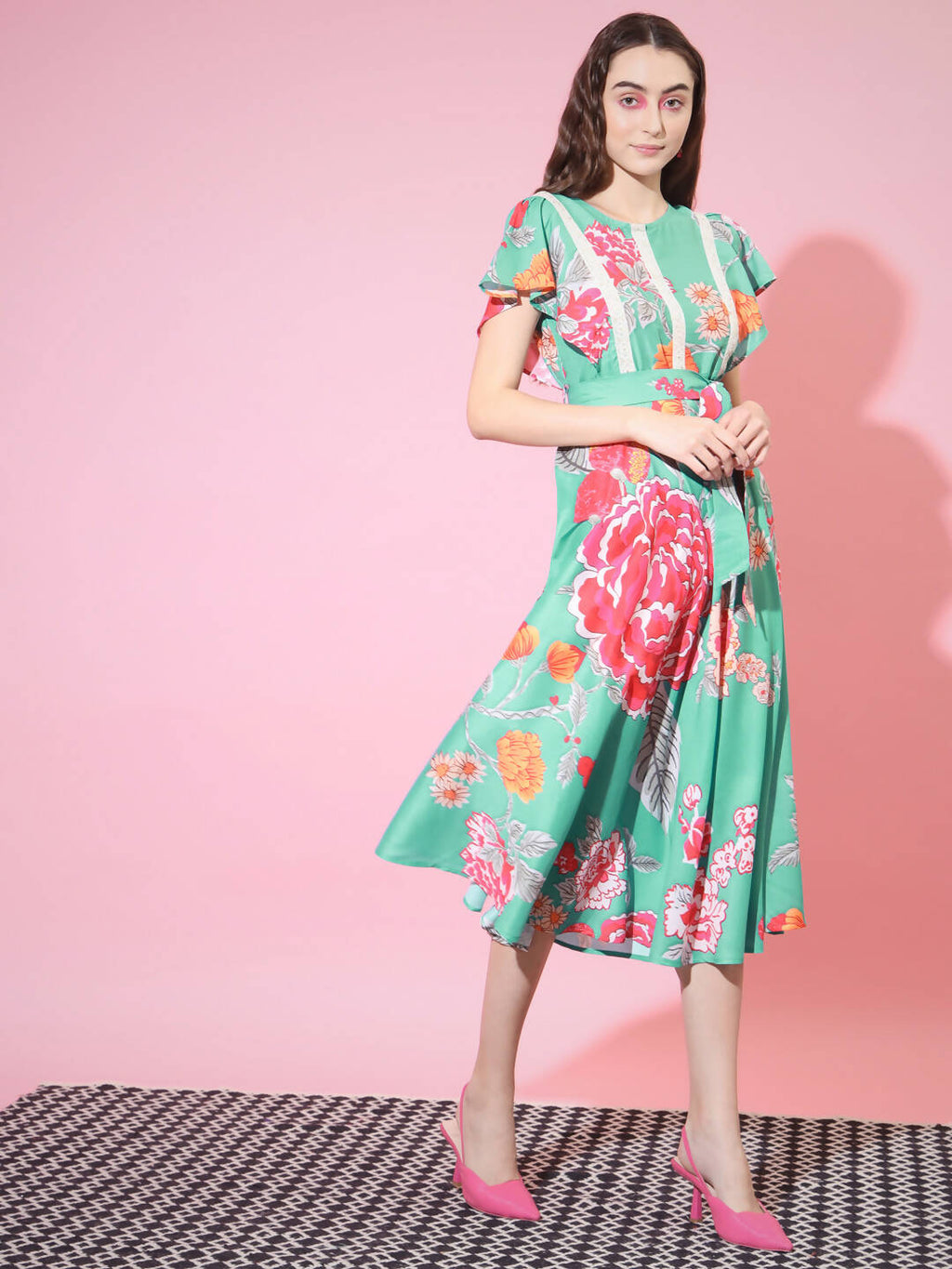 Myshka Women's Green Floral Printed Empire Dress