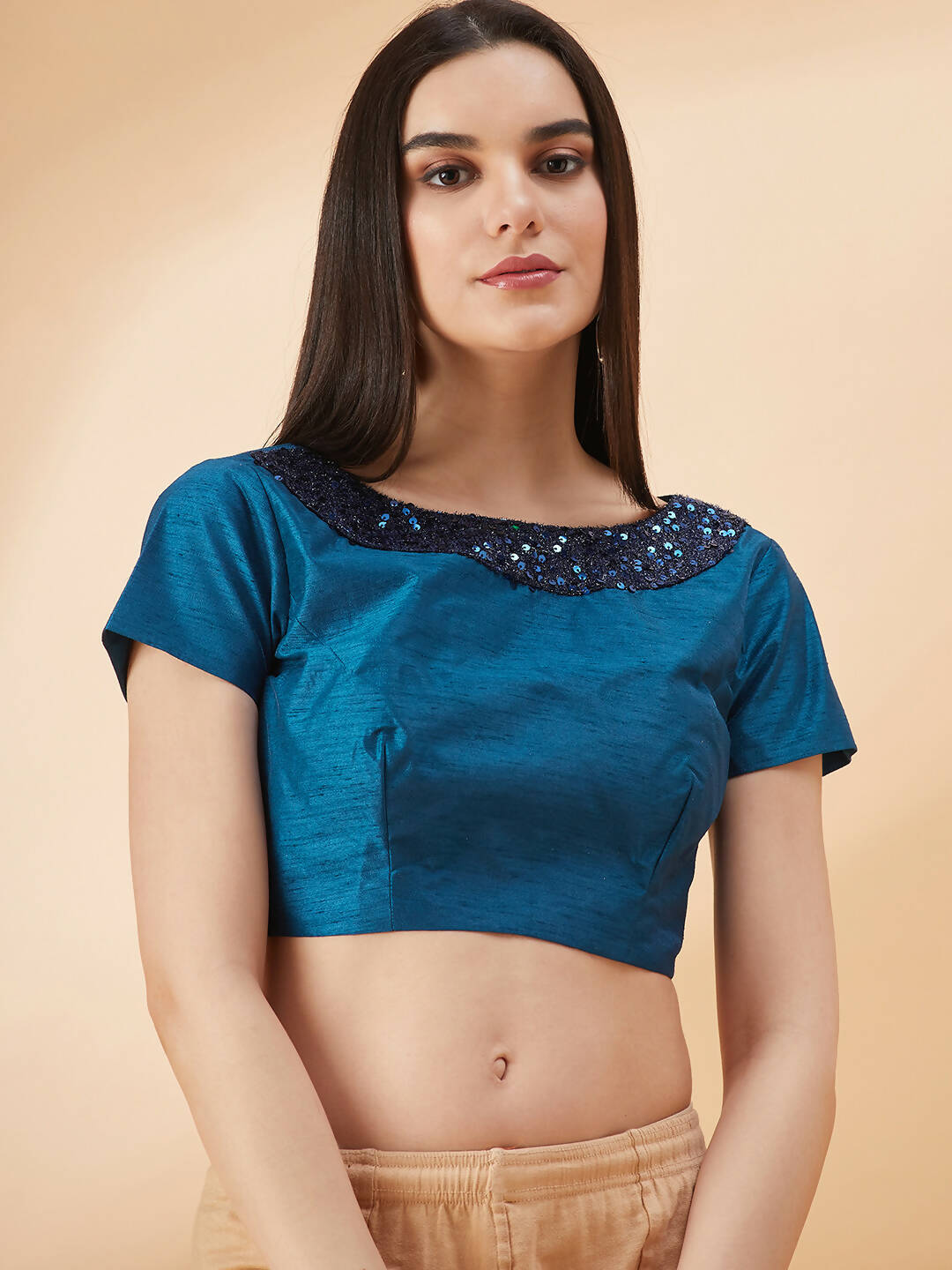 Peacock Blue Lycra Sequins Fabric. Frill Details, Handwork Buttis Saree - Norita Hit Design