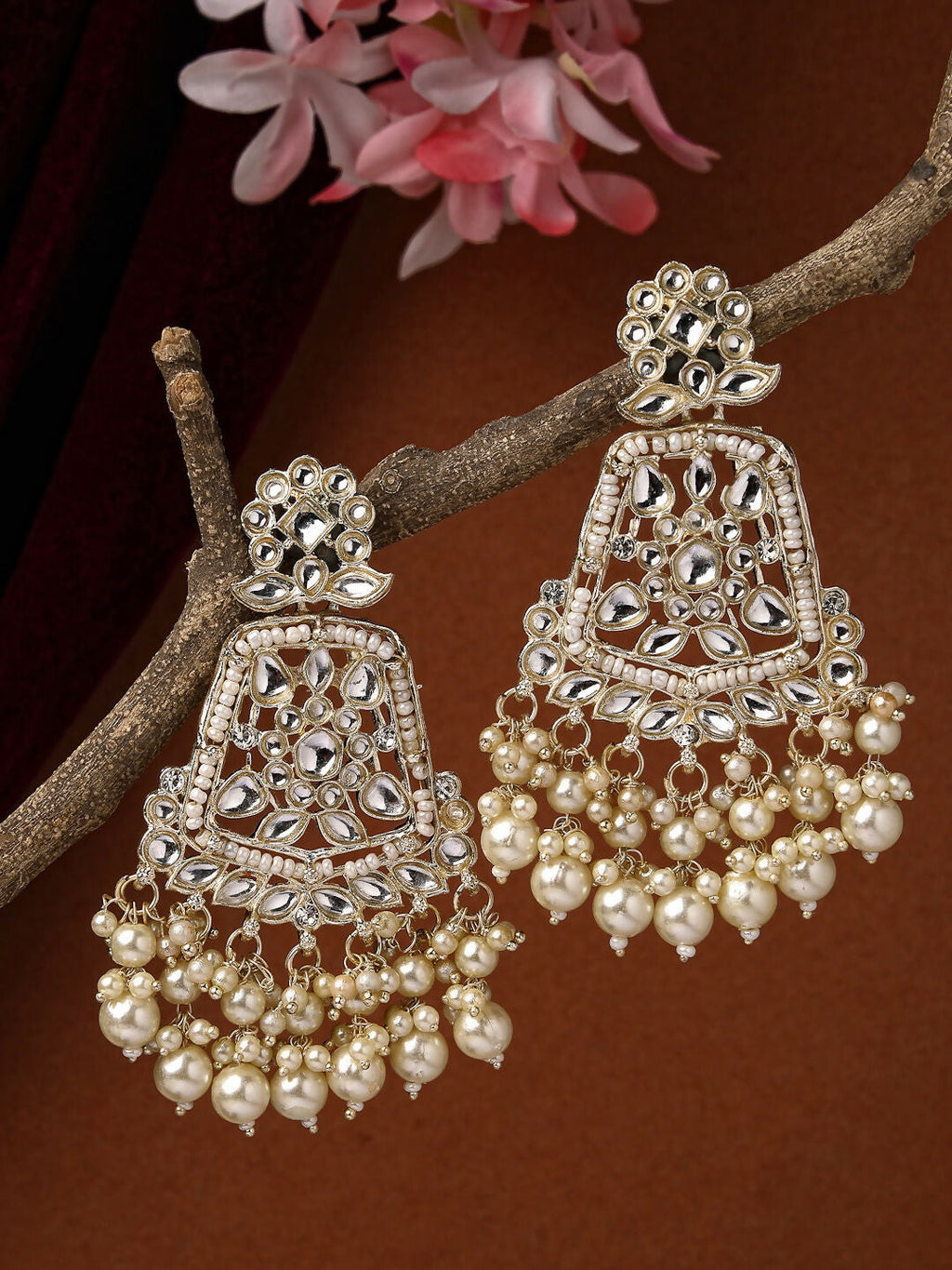 NVR Women Gold-Polished Kundan Drop Earrings