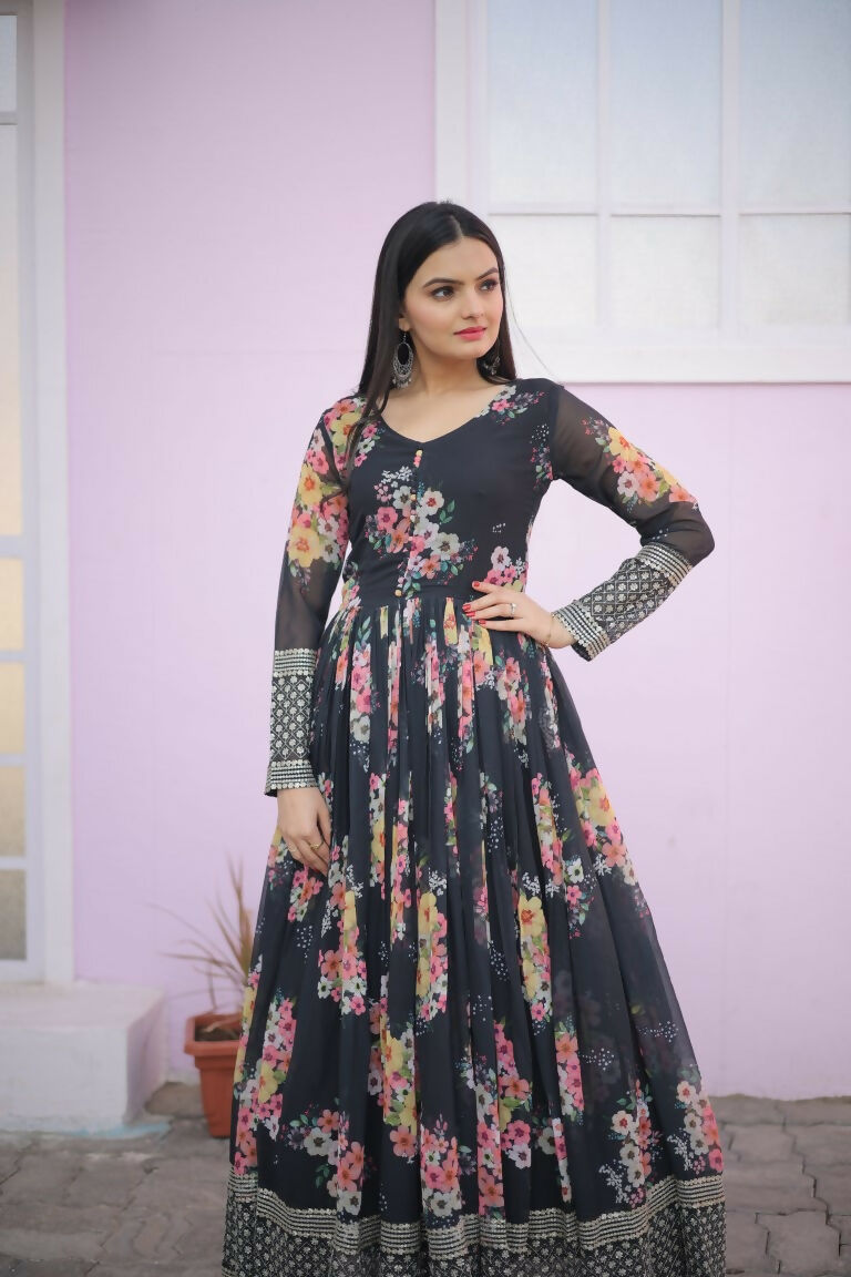 Jyoti Fashion Women's Black Digital Print with Sequence Zari Embroidered Faux Georgette Anarkali Dress