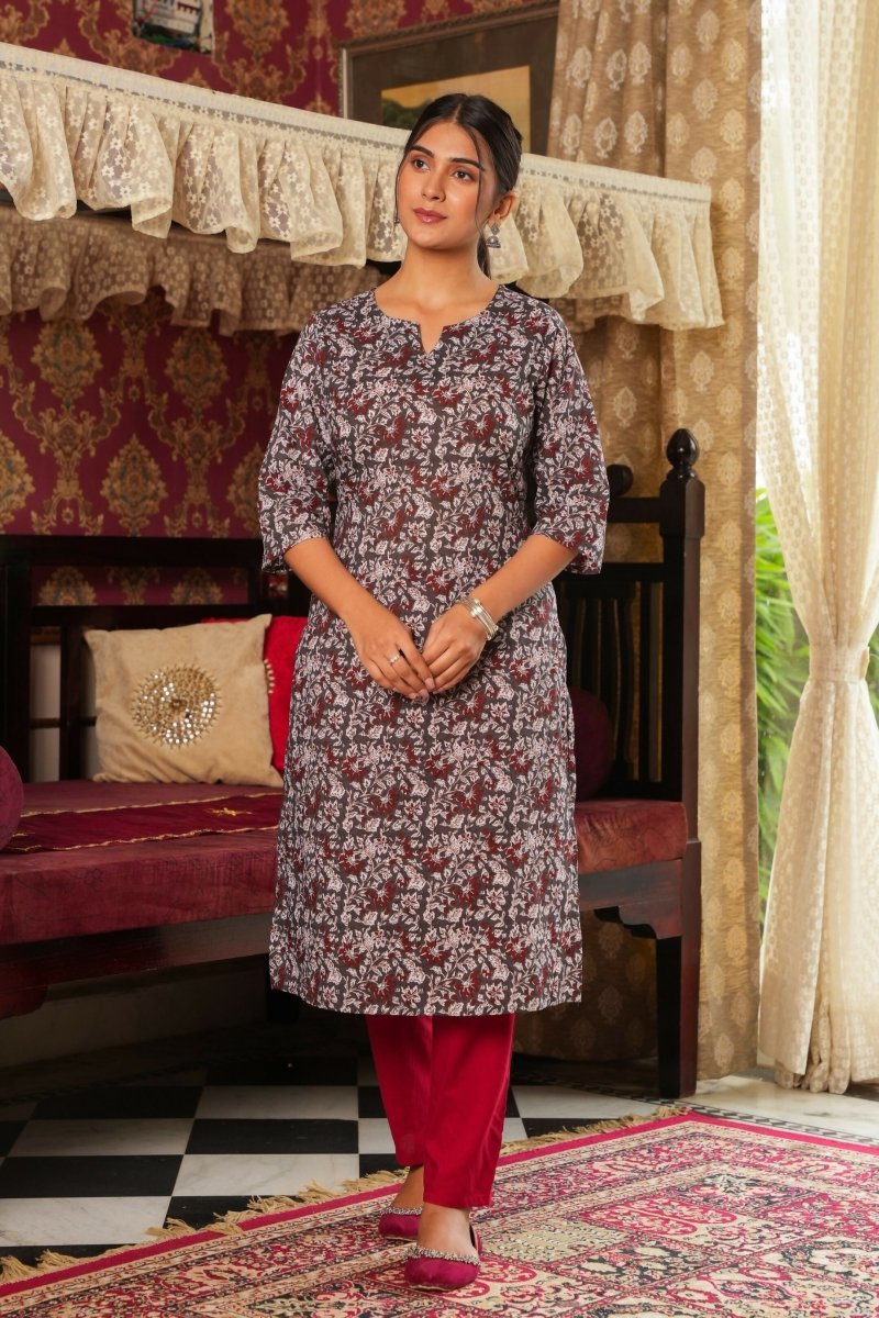 Aramya Straight Soft Cotton Floral Print Women's Kurta - Grey