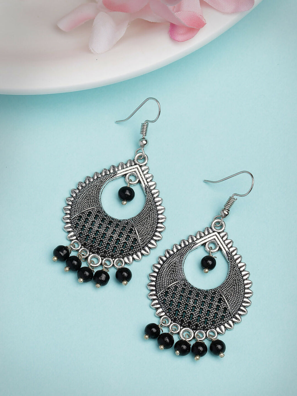 NVR Women's Silver-Plated Artificial Beads German Silver Oxidised Chandbali Earrings