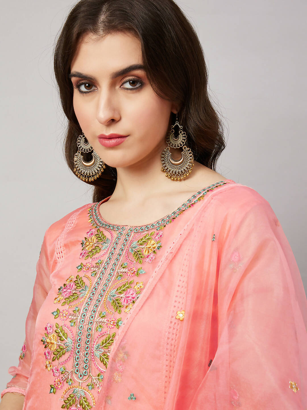 Peach Organza Embroidered Kurta with Bottom & Dupatta - Salimar