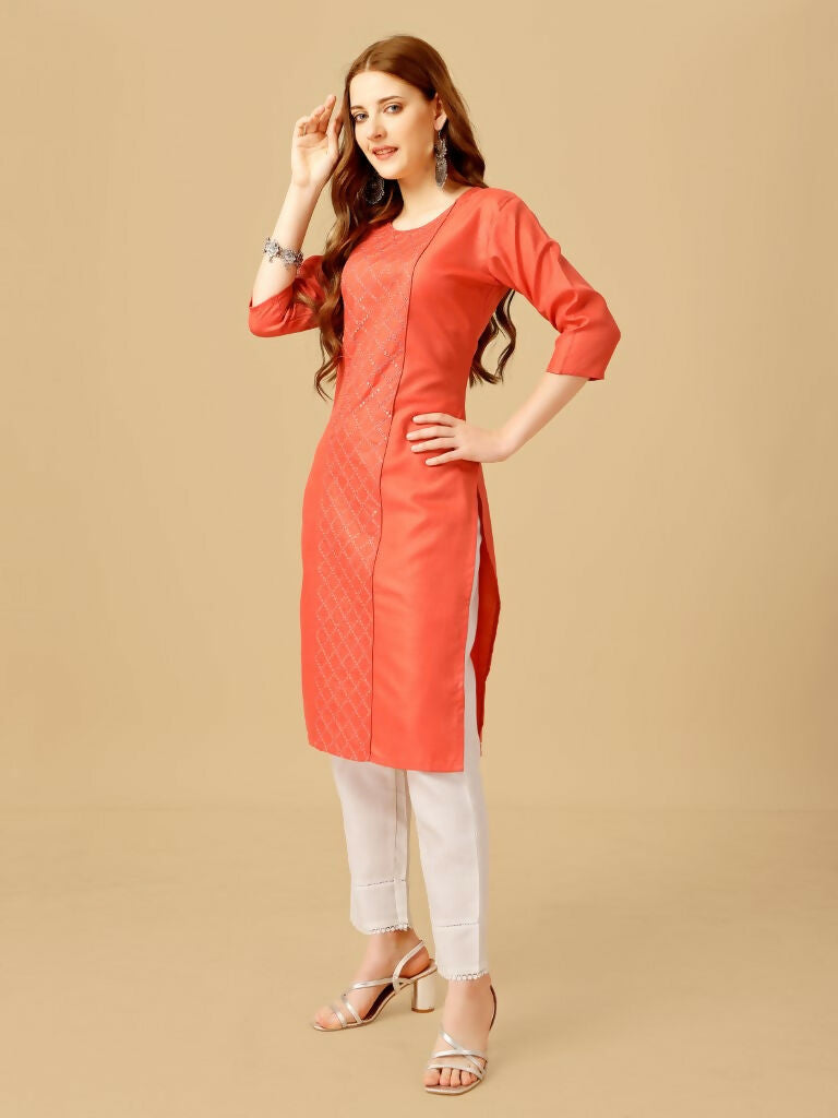 Jyoti Fashion Women's Coral Cotton Blend Embroidered Kurta Pant Set