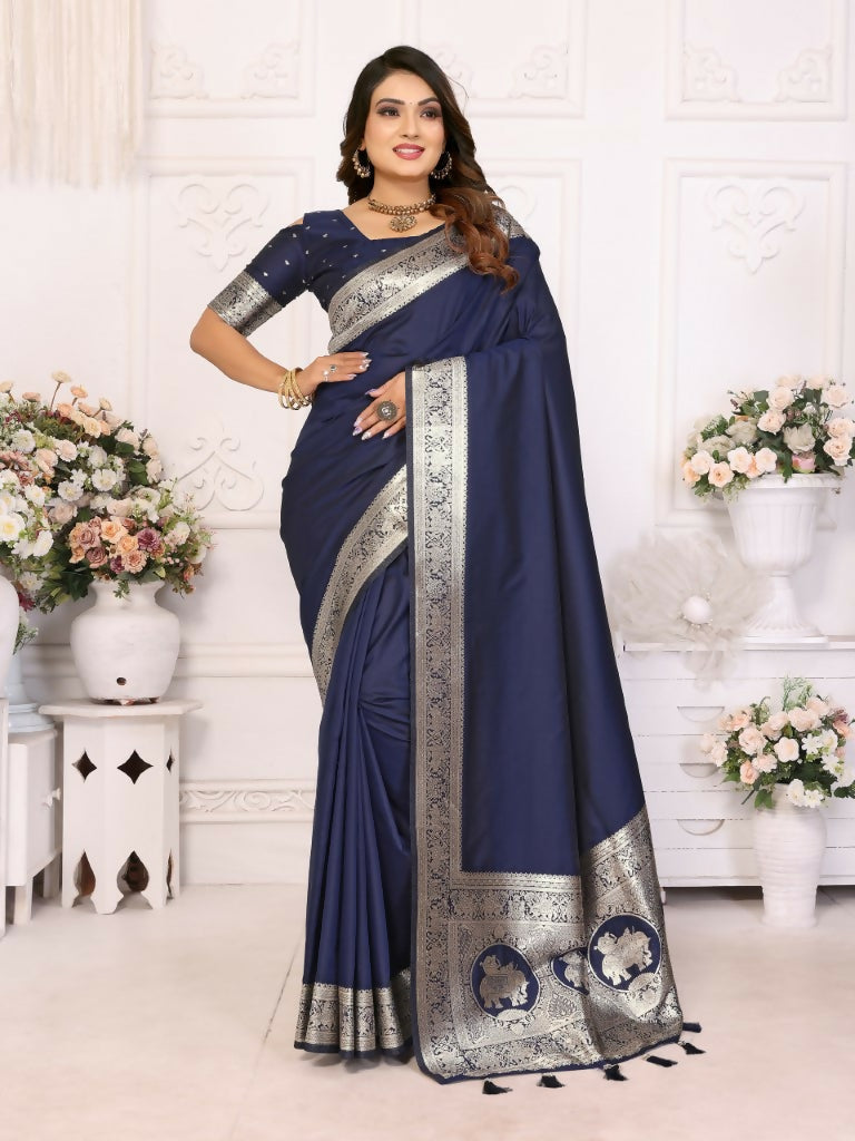 Anaita Navy Blue Banarasi Silk With Beautiful Gala Weaving Saree With Blouse
