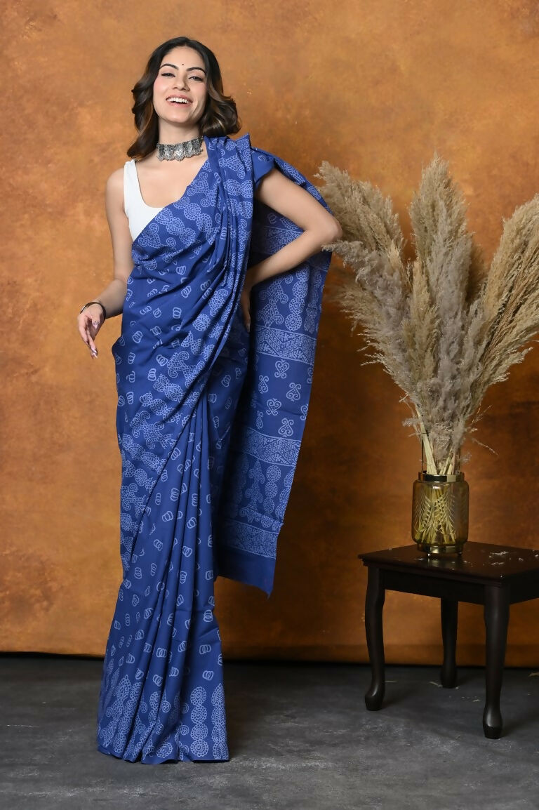 Very Much Indian Handblock Printed Cotton Saree With Natural Dyes - Indigo Blue