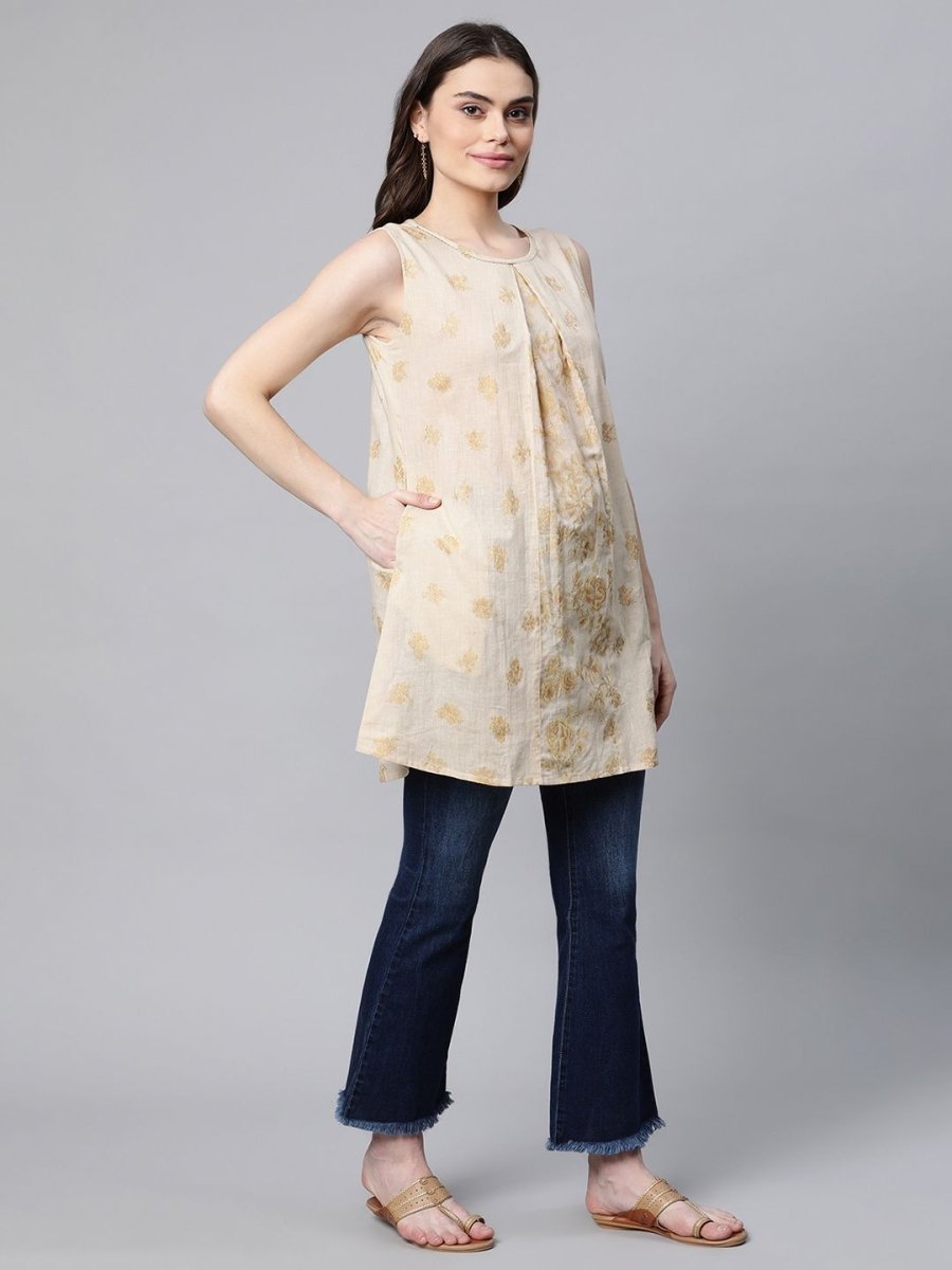 Ahalyaa Women Beige Pure Cotton Floral Printed Tunic