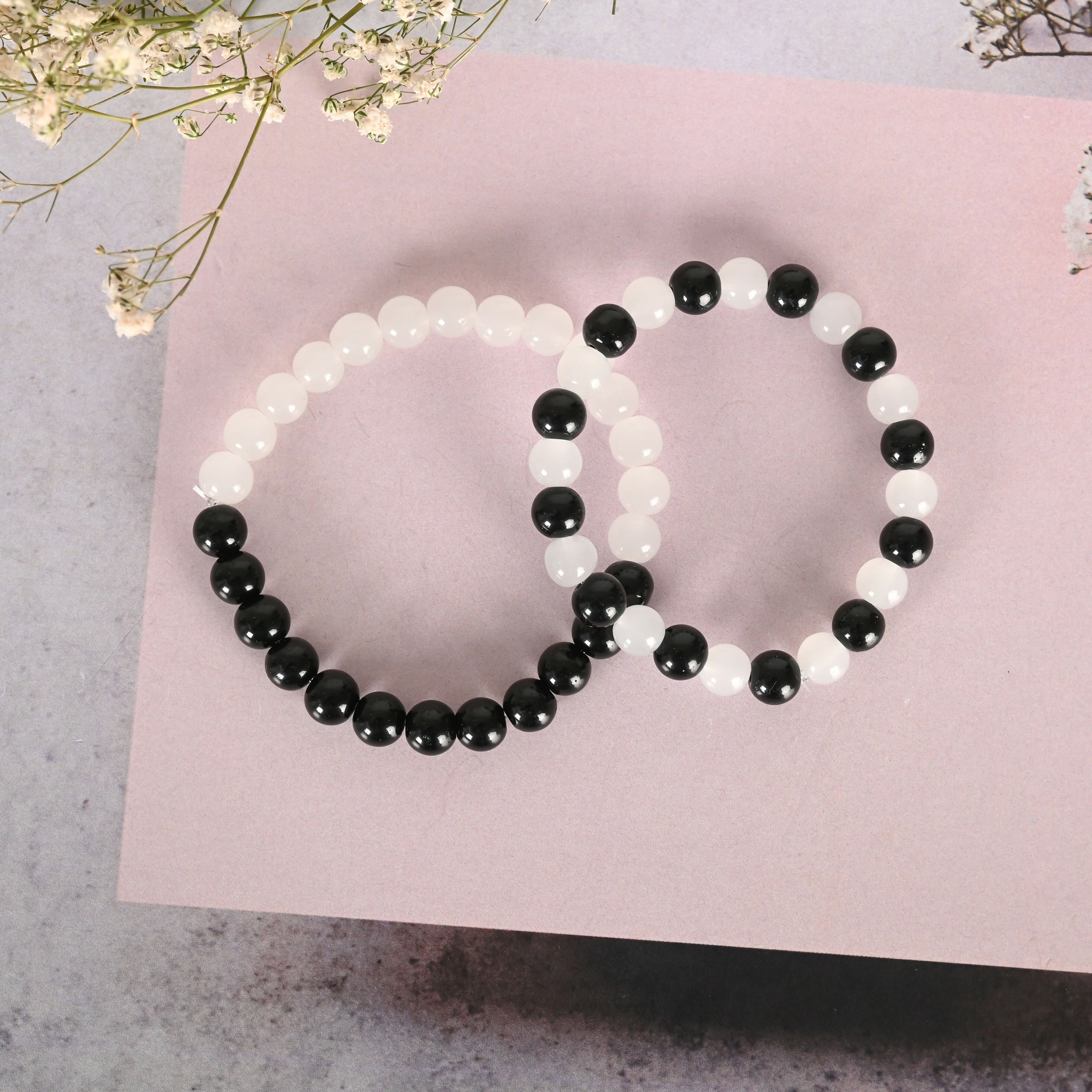 NVR Men & Women White & Black Marbel Crystal Elasticated Bracelet