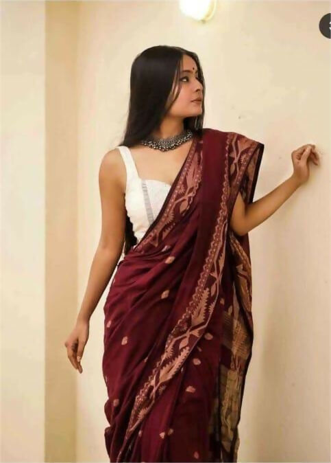 Exclusive Collection Beautiful Maroon Pure Cotton Woven Handloom Saree With Running Blouse Piece