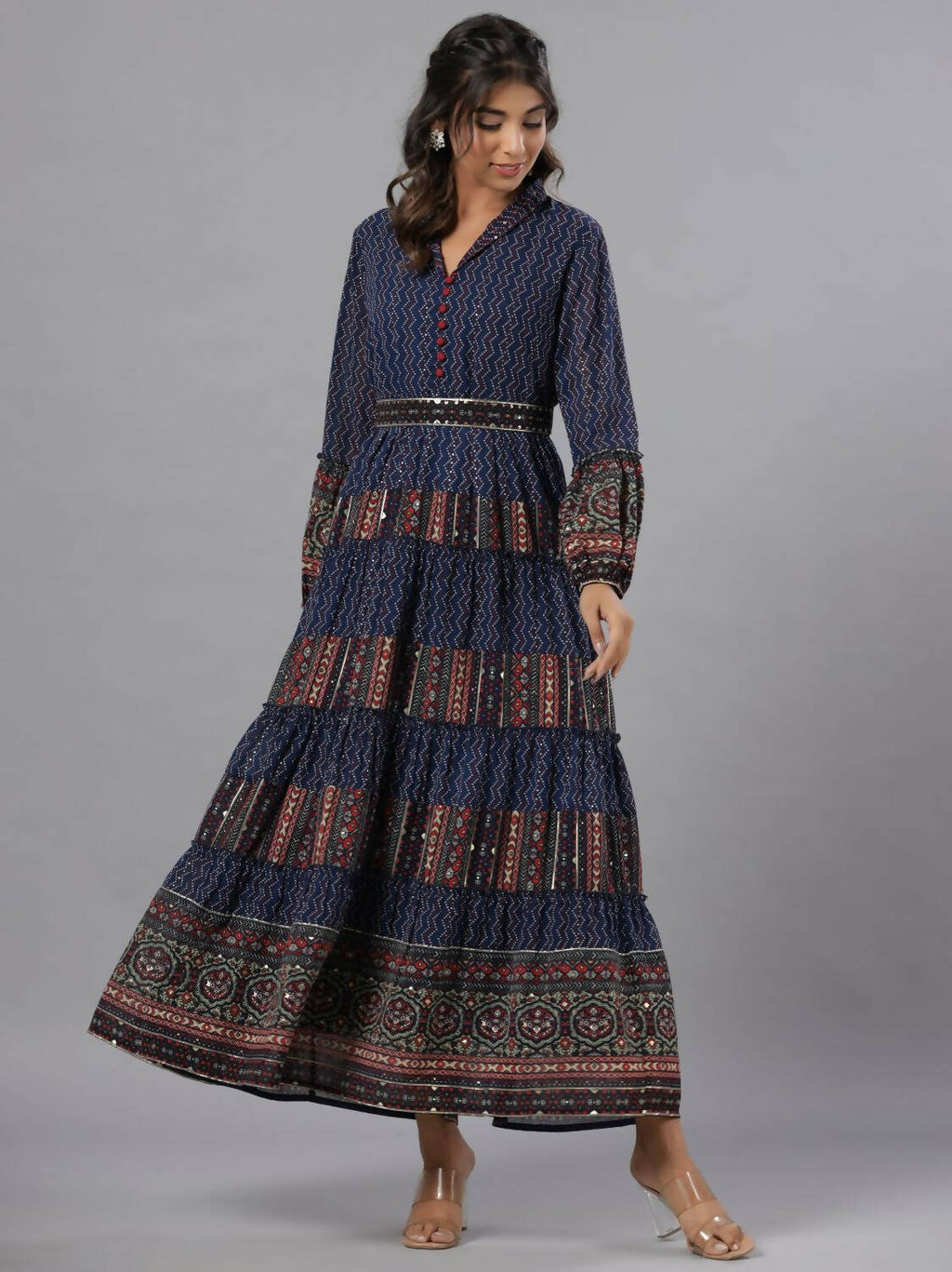 Juniper Women Navy Blue Georgette Printed Tiered Maxi Dress