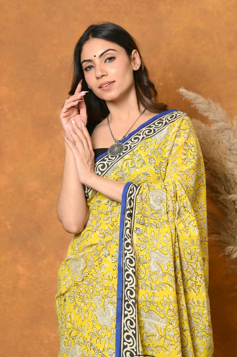 Very Much Indian Handblock Printed Cotton Saree With Natural Dyes - Green