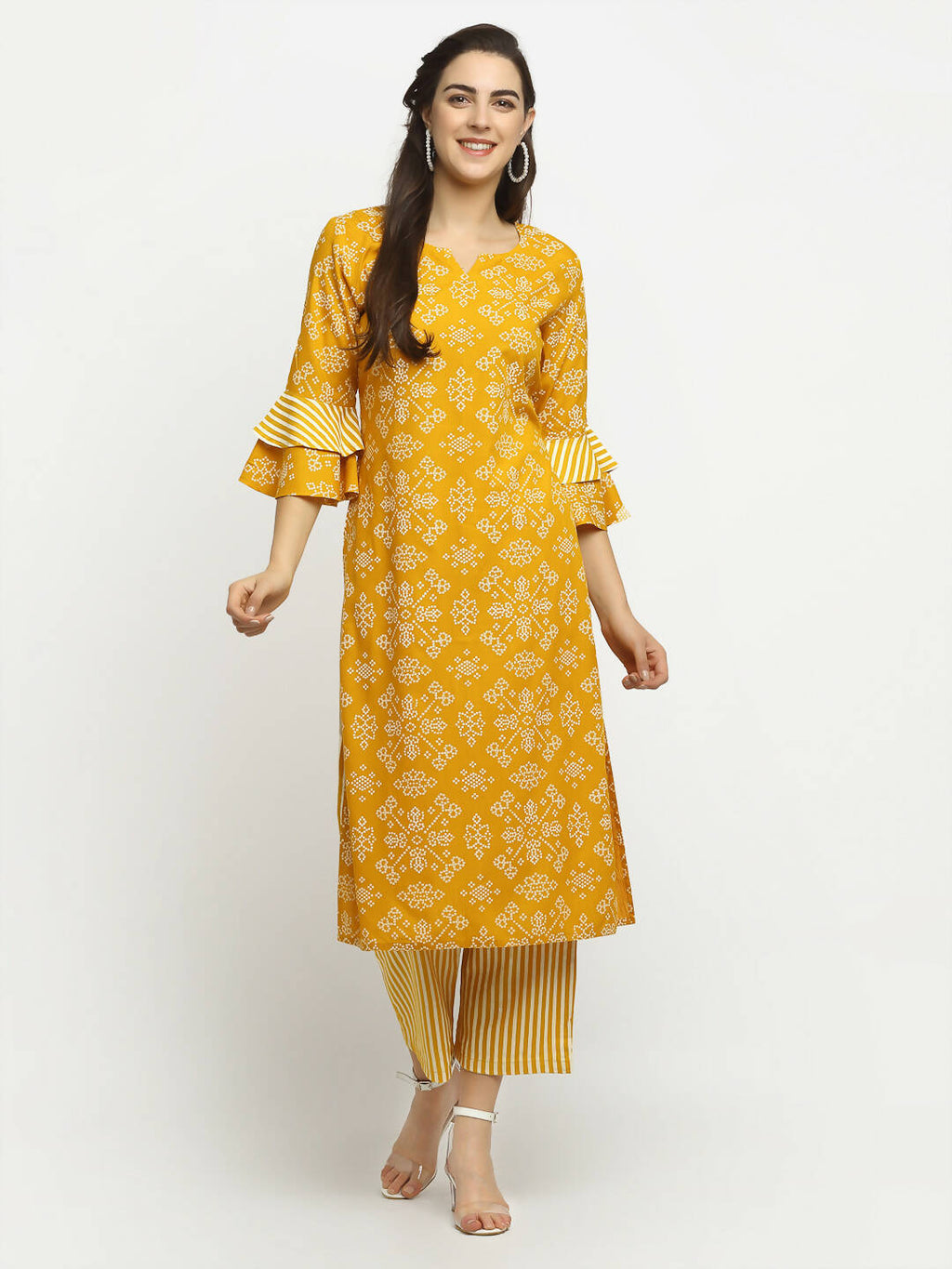 Rudra Bazaar Mustard Printed Bell Sleeve Straight Kurta with Striped Pyjamas