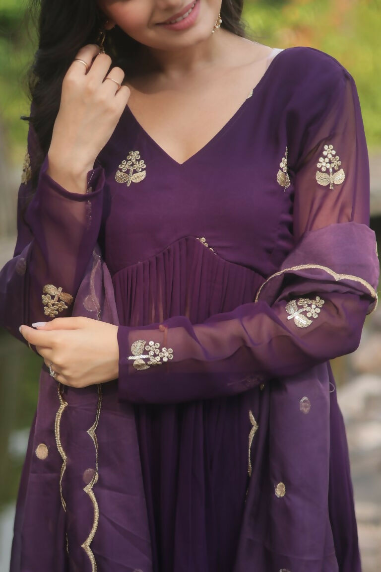 Jyoti Fashion Women's Wine Faux Blooming Embroidered Kurta with Trouser & Dupatta
