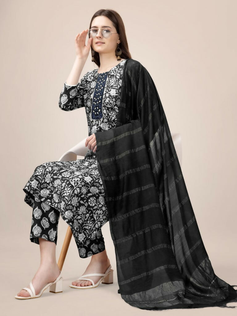 Jyoti Fashion Women's Black Rayon Print with Embroidery & Fancy Lace Work Kurta with Trouser & Dupatta