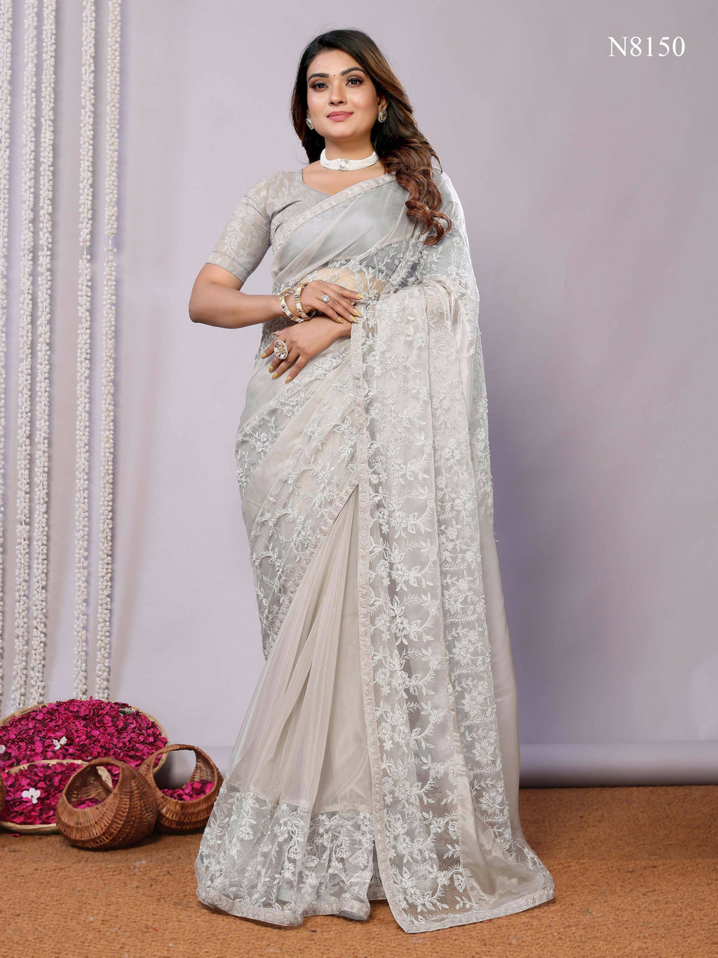 Grey Glass Tissue,Net Embroidered Saree With Stitched Blouse - Nimaya Kaksha