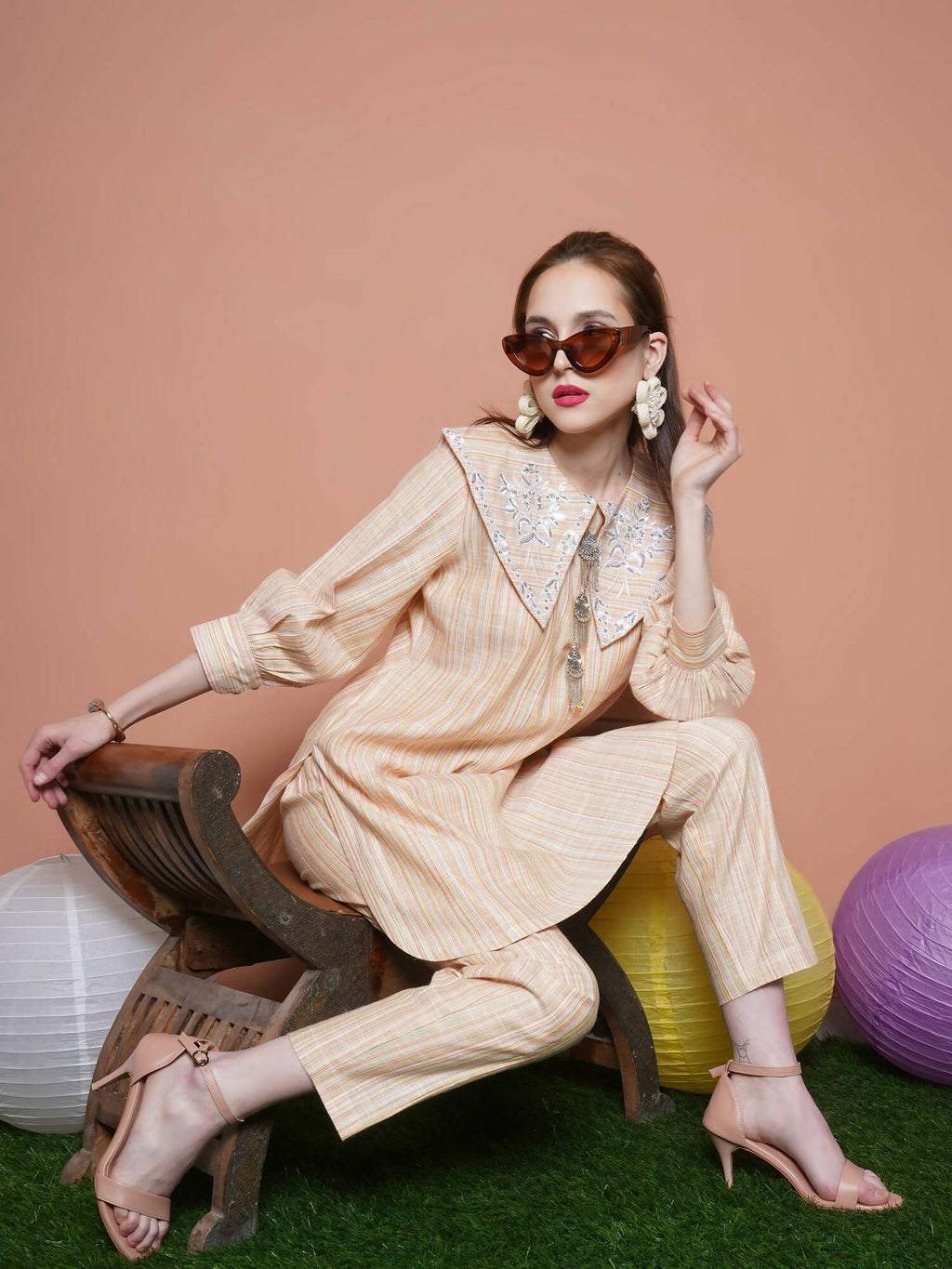 Women Republic Beige Striped Kurta Set