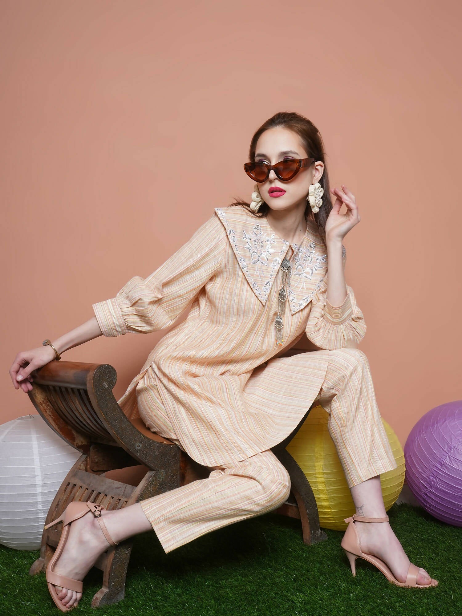 Women Republic Beige Striped Kurta Set