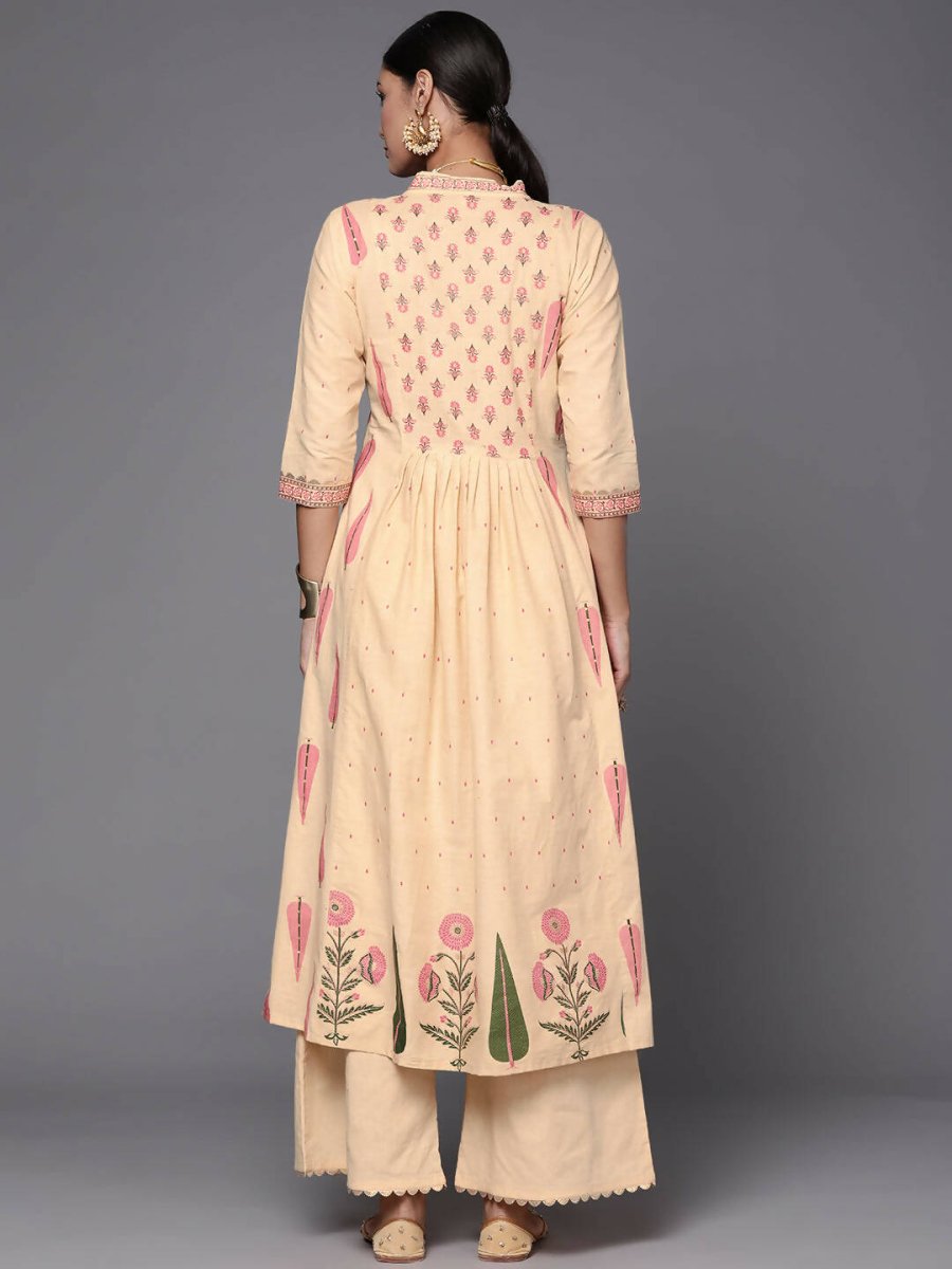 Ahalyaa Women Cream-Coloured & Pink Floral Print Pure Cotton Anarkali Kurta with Palazzos